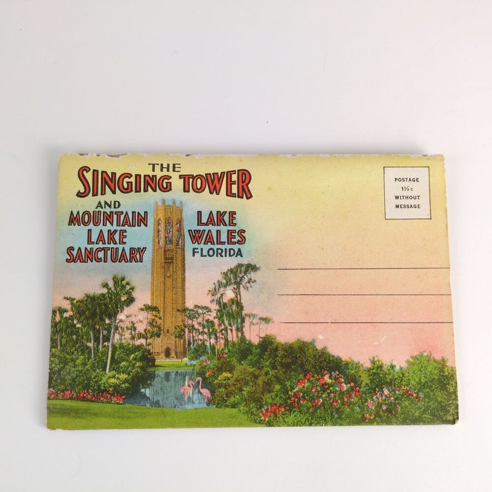 The Singing Tower Lake Wales Florida 1930s Fold-Out Linen‎ Postcards FL Bok